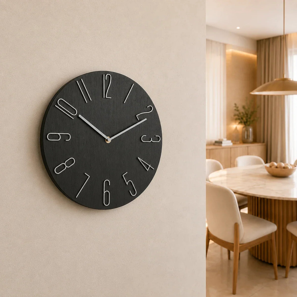 Bellagio Black 30cm black wall clock, on a dining room wall