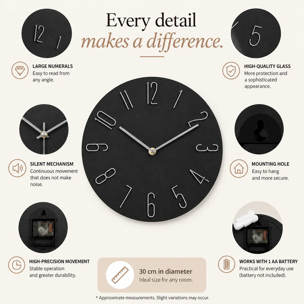 Bellagio Black 30cm black wall clock, features graphic: large numerals, silent movement, hanging hole and one AA battery