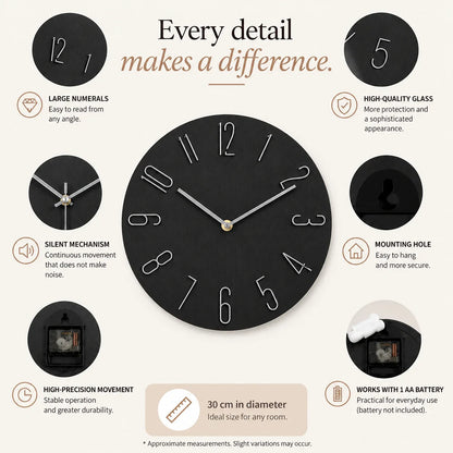 Bellagio Black 30cm black wall clock, features graphic: large numerals, silent movement, hanging hole and one AA battery