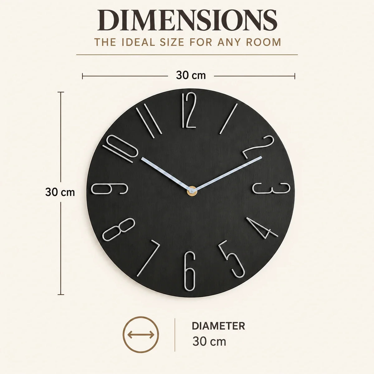 Bellagio Black 30cm black wall clock, size guide, 30 cm diameter