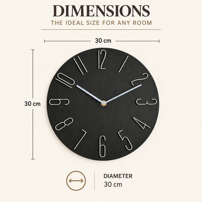 Bellagio Black 30cm black wall clock, size guide, 30 cm diameter