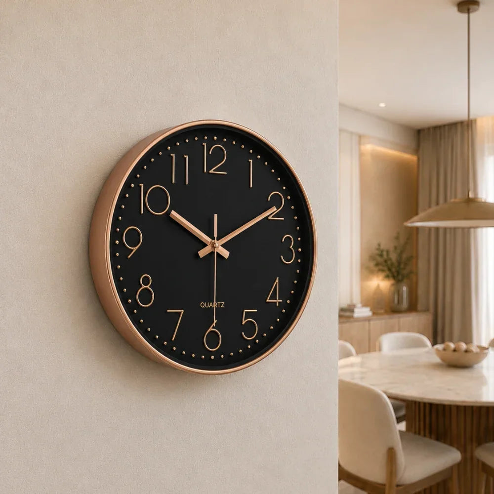 Valentino Black & Rose 30cm black wall clock, on a dining room wall