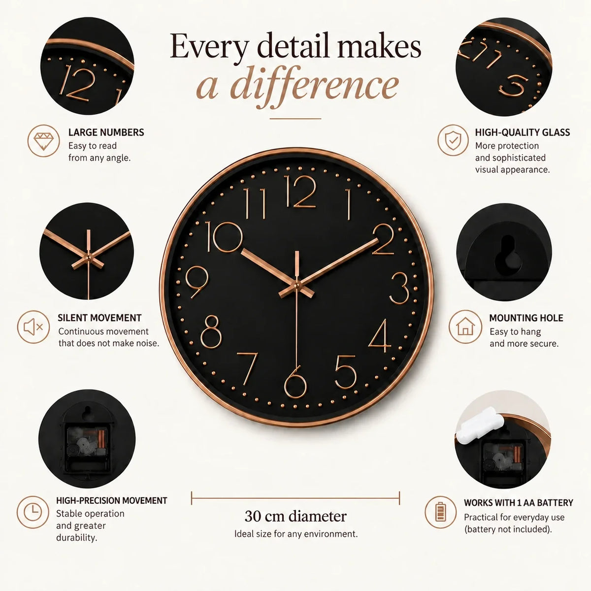 Valentino Black & Rose 30cm black wall clock, features graphic: large numerals, silent movement, hanging hole and one AA battery