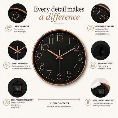 Valentino Black & Rose 30cm black wall clock, features graphic: large numerals, silent movement, hanging hole and one AA battery