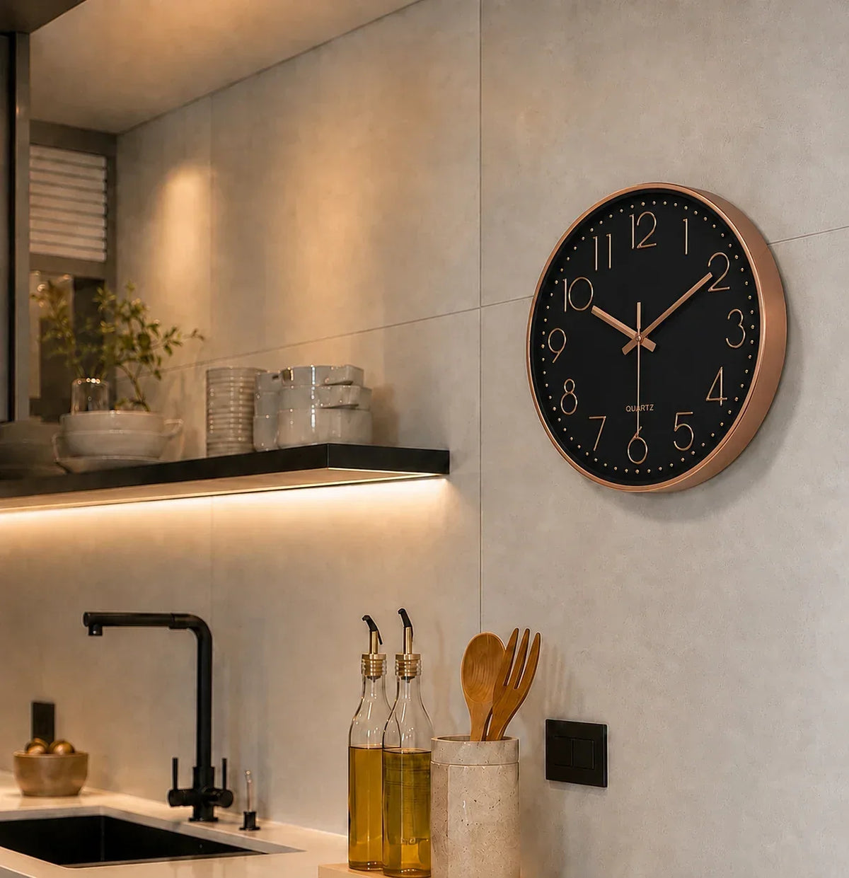 Valentino Black & Rose 30cm black wall clock, in a kitchen