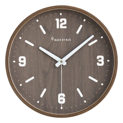 Brown-dial wall clock with a matching rim, white hands and white numerals against white.