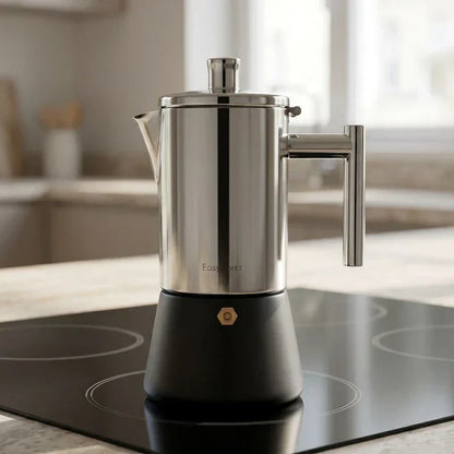 Capri Induction Moka Pot – 300 ml, Steel with Black Base – compatibility and adapters