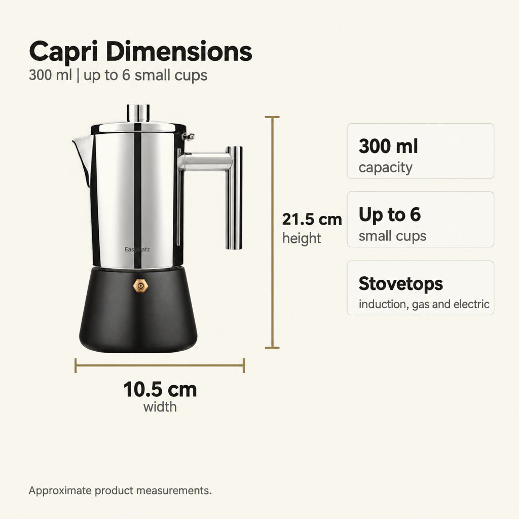 Capri Induction Moka Pot – 300 ml, Steel with Black Base – dimensions and specifications