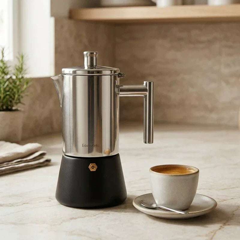 Capri Induction Moka Pot – 300 ml, Steel with Black Base – feature overview