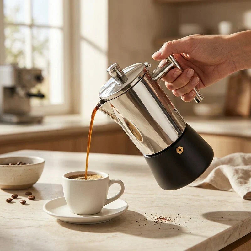 Capri Induction Moka Pot – 300 ml, Steel with Black Base – in use