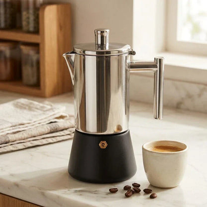 Capri Induction Moka Pot – 300 ml, Steel with Black Base – in a lifestyle setting