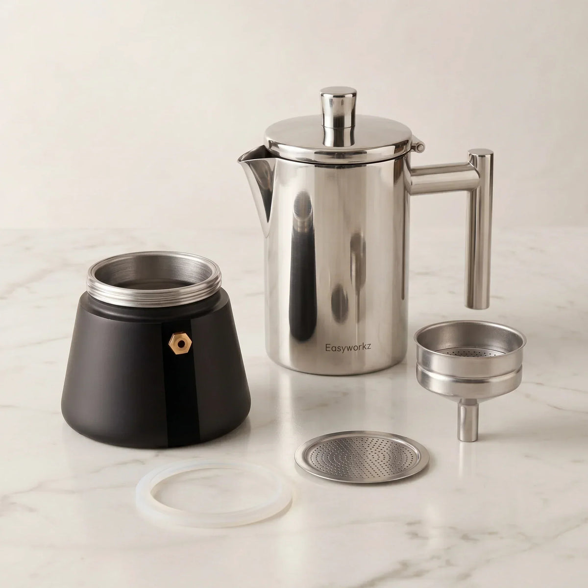 Capri Induction Moka Pot – 300 ml, Steel with Black Base – in a lifestyle setting