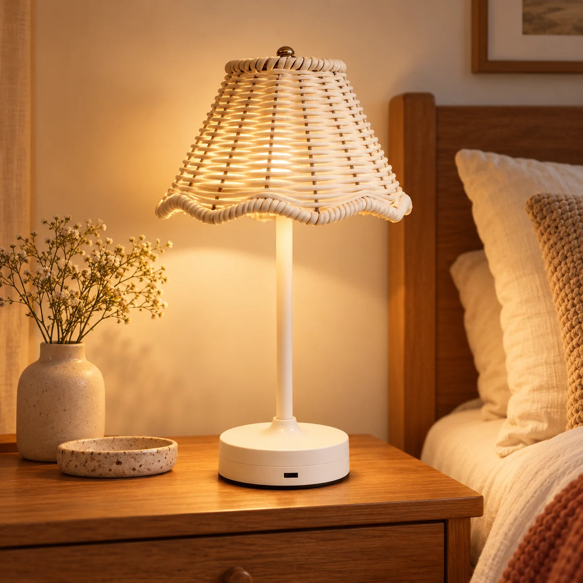 Cordless rattan table lamp glowing on a wooden bedside table in a cozy bedroom