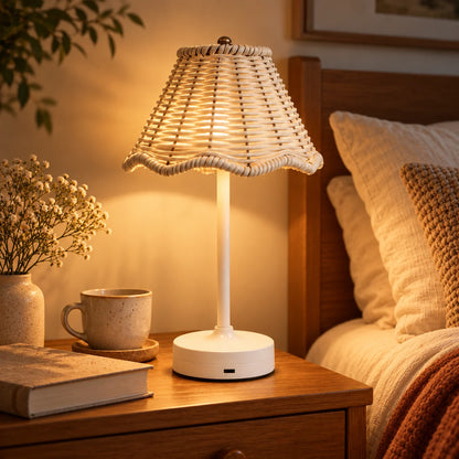 Cordless rattan table lamp styled beside a bed with warm ambient lighting
