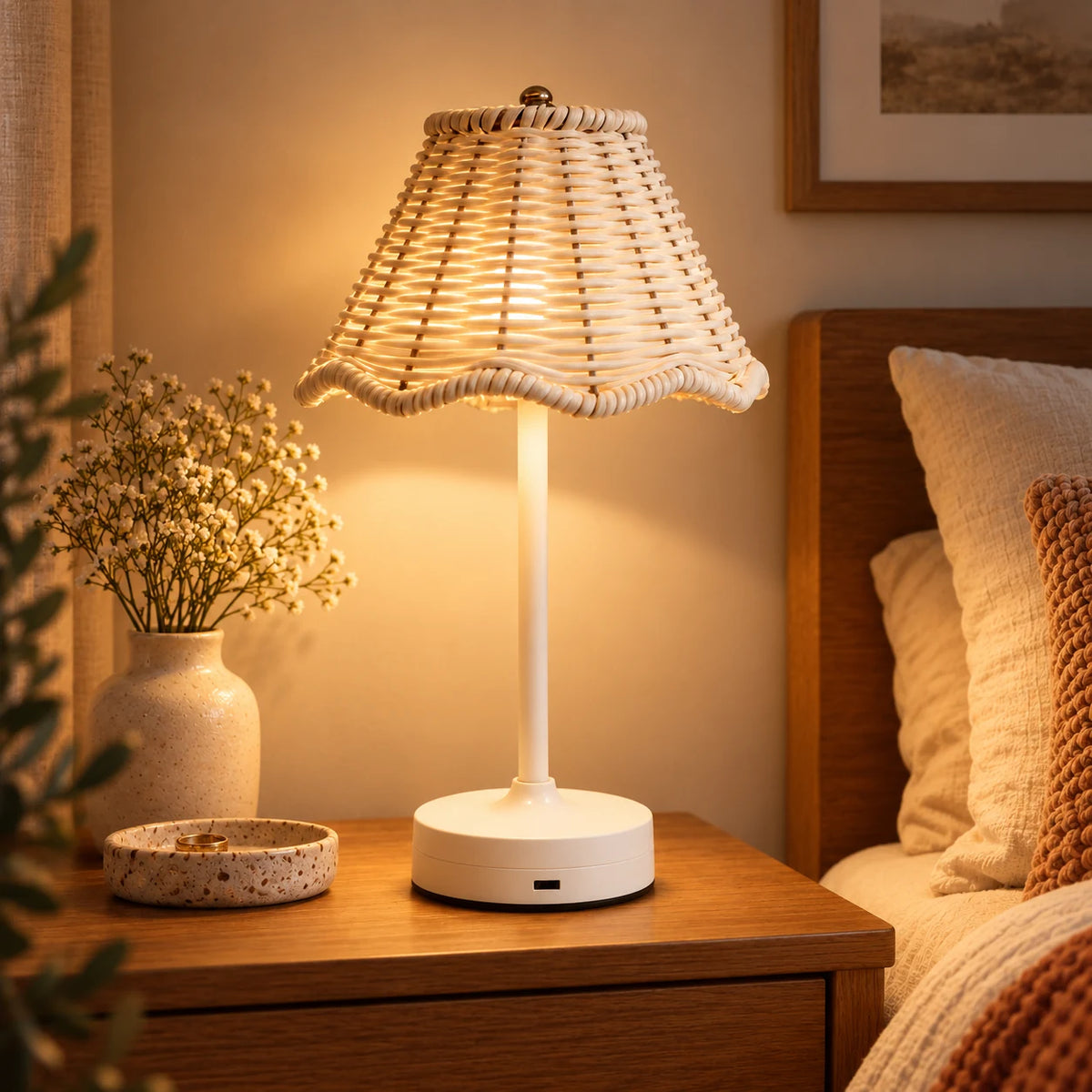 Cordless rattan table lamp in a cozy bedside setting with soft evening light