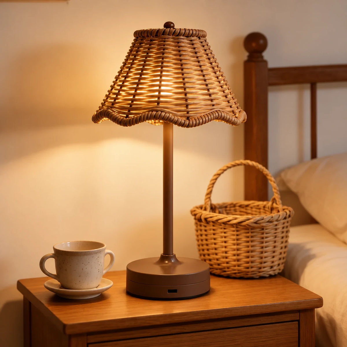 Brown cordless rattan table lamp styled on a wooden bedside table