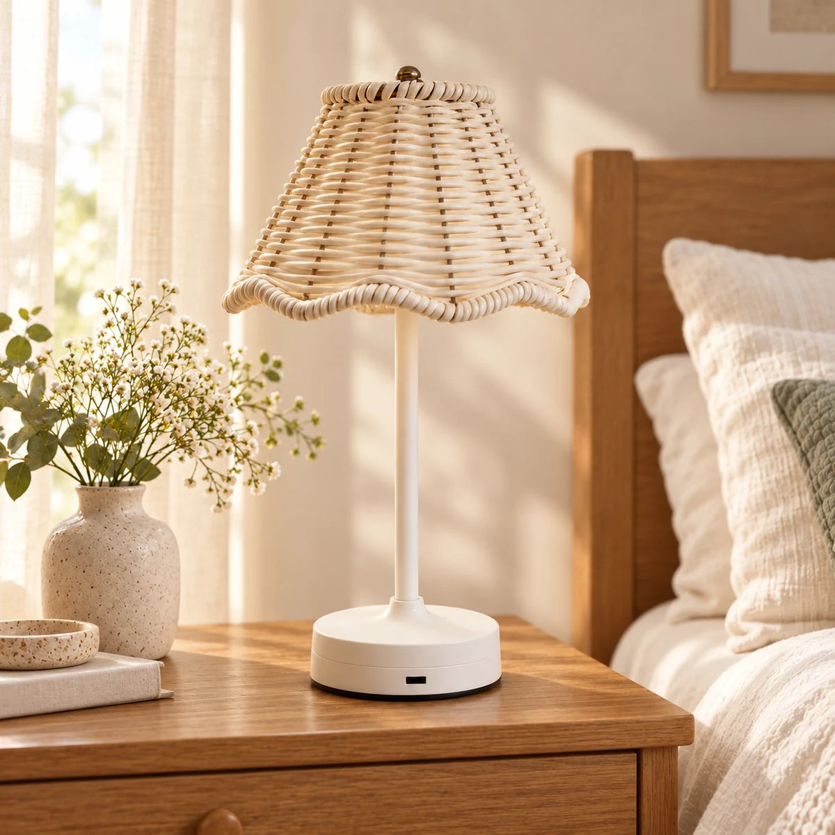 Cordless rattan table lamp on a wooden nightstand in a bright neutral bedroom