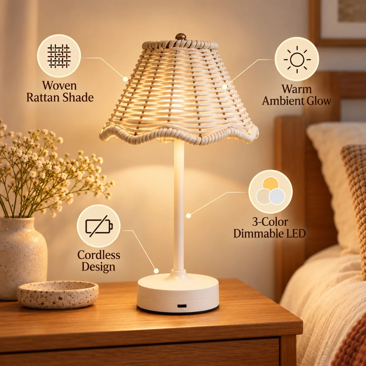 Cordless rattan table lamp features including woven shade, warm glow, cordless design and 3-color dimmable LED
