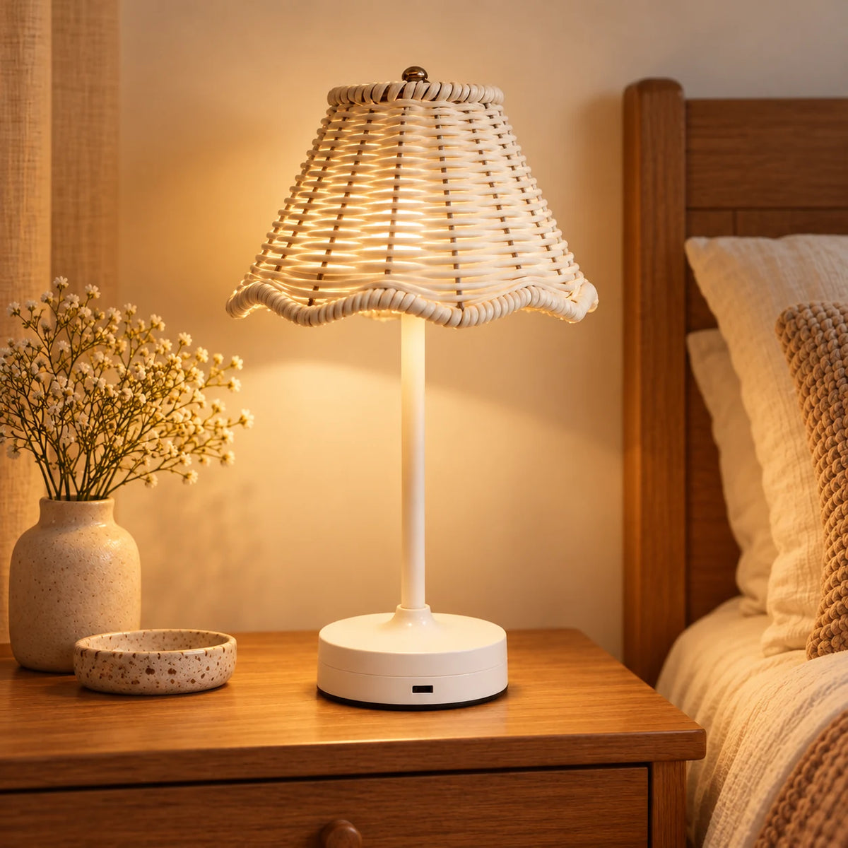 White cordless rattan table lamp styled on a wooden bedside table