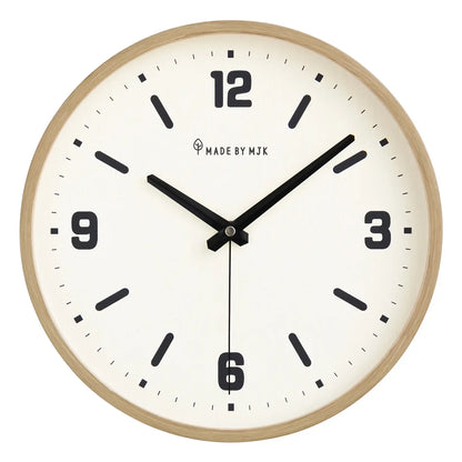 Cream-dial wall clock with a pale wood-effect rim, black hands and bold quarter-hour numerals against white.