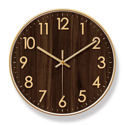 Dark wood-effect wall clock with a gold-coloured rim, matching numerals and hands.