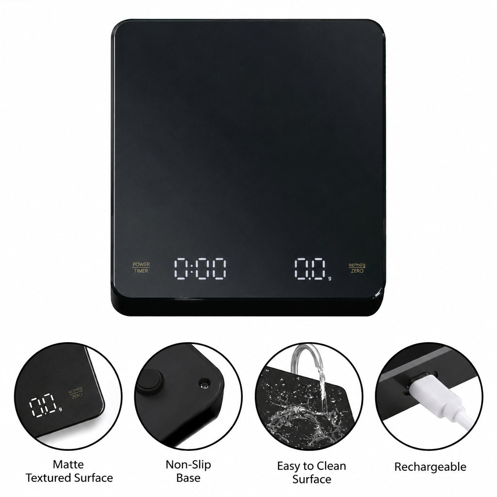 Digital Coffee Scale with Timer – Black, 0.1 g, 3 kg – included accessories