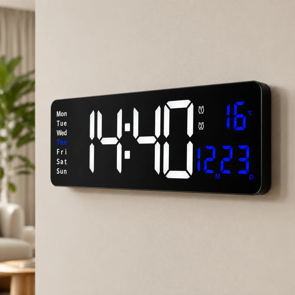 Digital LED wall clock with remote, White & Blue, wall-mounted seen at an angle