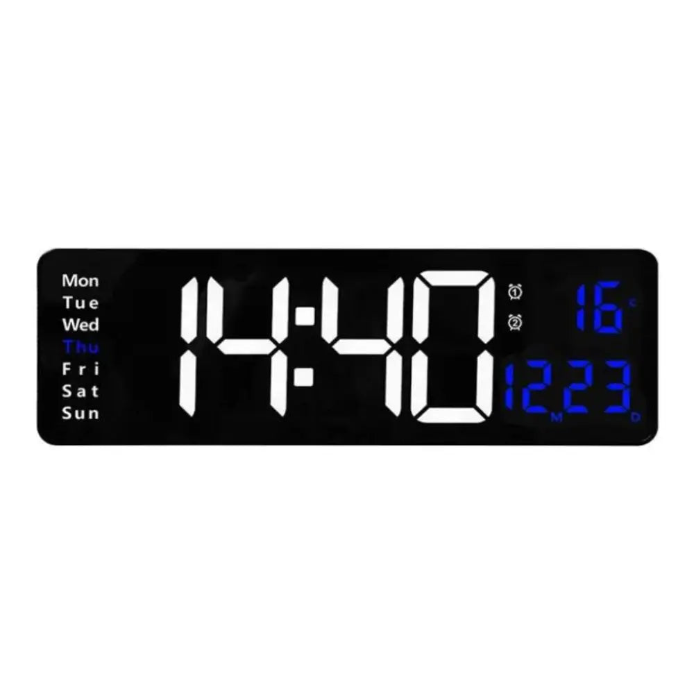 Digital LED wall clock with remote, White & Blue, front view of the LED display
