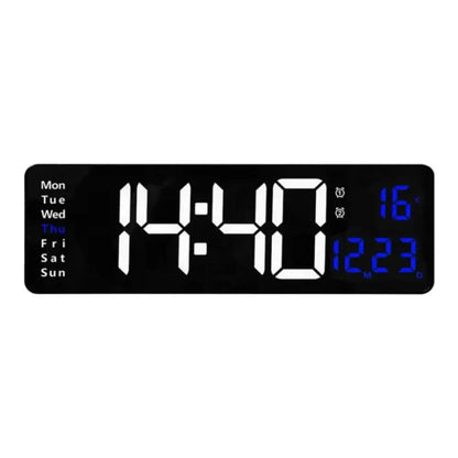 Digital LED wall clock with remote, White & Blue, front view of the LED display