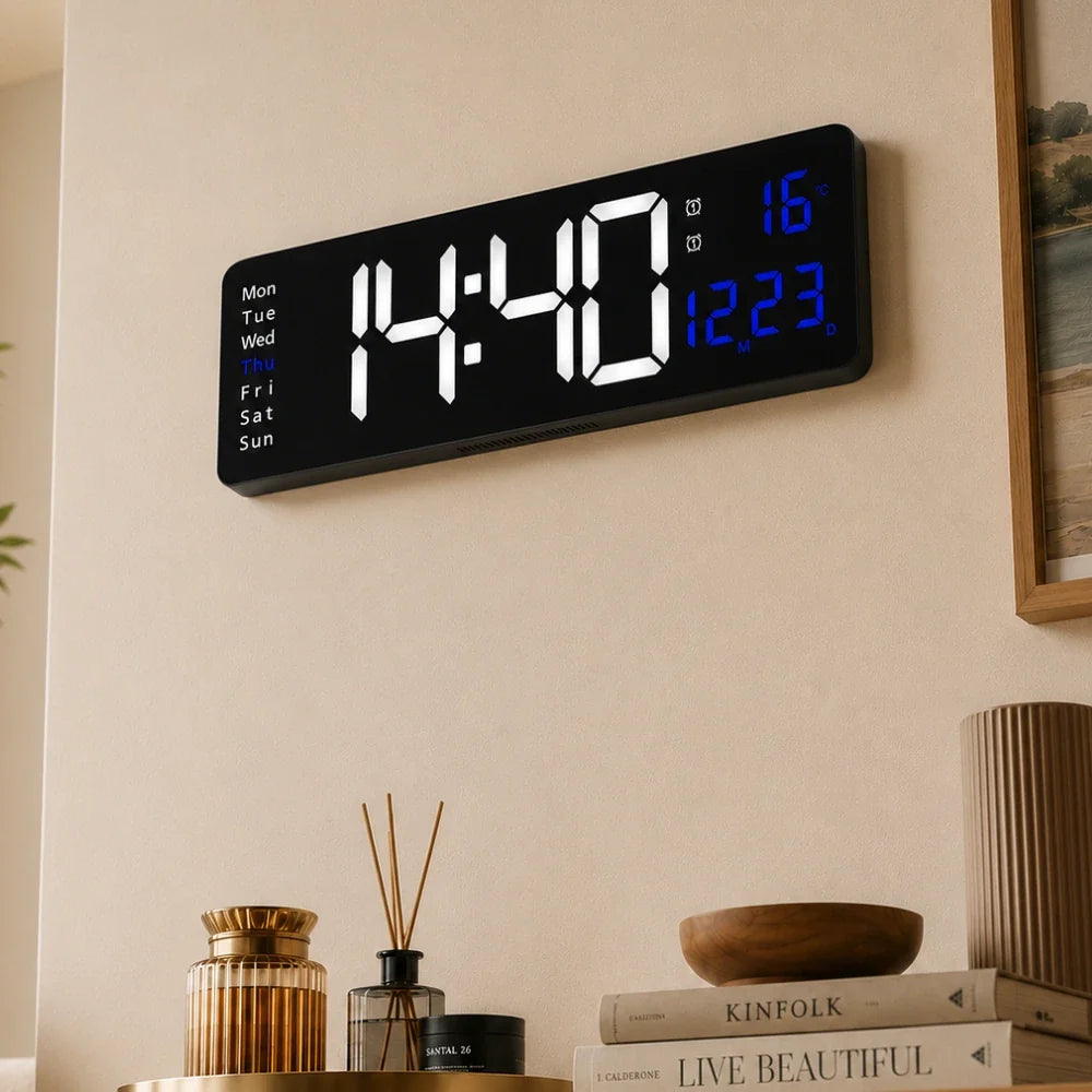 Digital LED wall clock with remote, White & Blue, wall-mounted in a living room