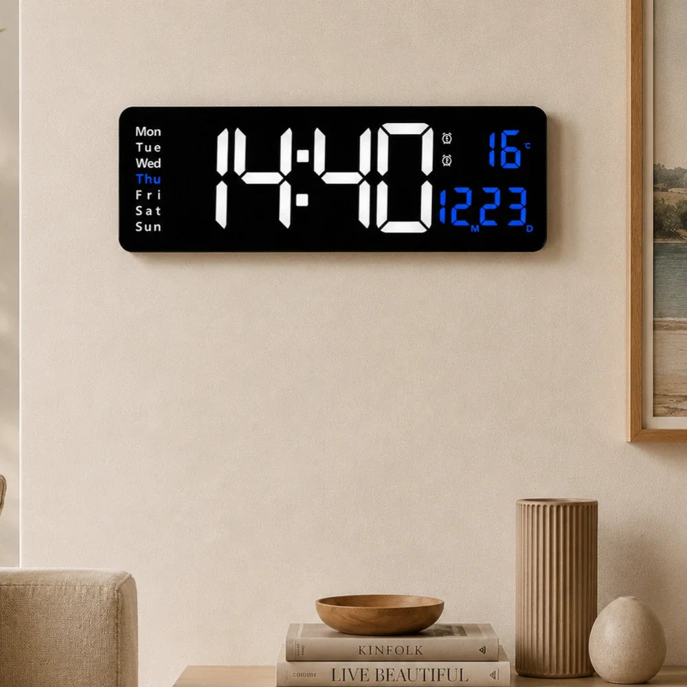 Digital LED wall clock with remote, White & Blue, wall-mounted in a living room