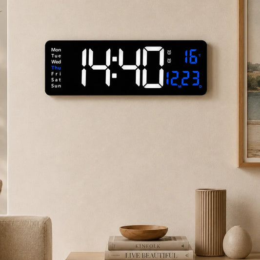 Digital LED wall clock with remote, White & Blue, wall-mounted in a living room