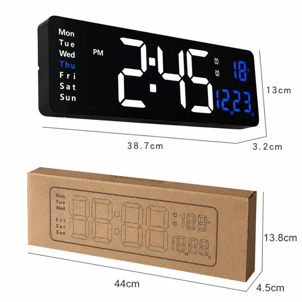 Digital LED wall clock with remote, White & Blue, size guide, 38.7 × 3.2 × 13 cm