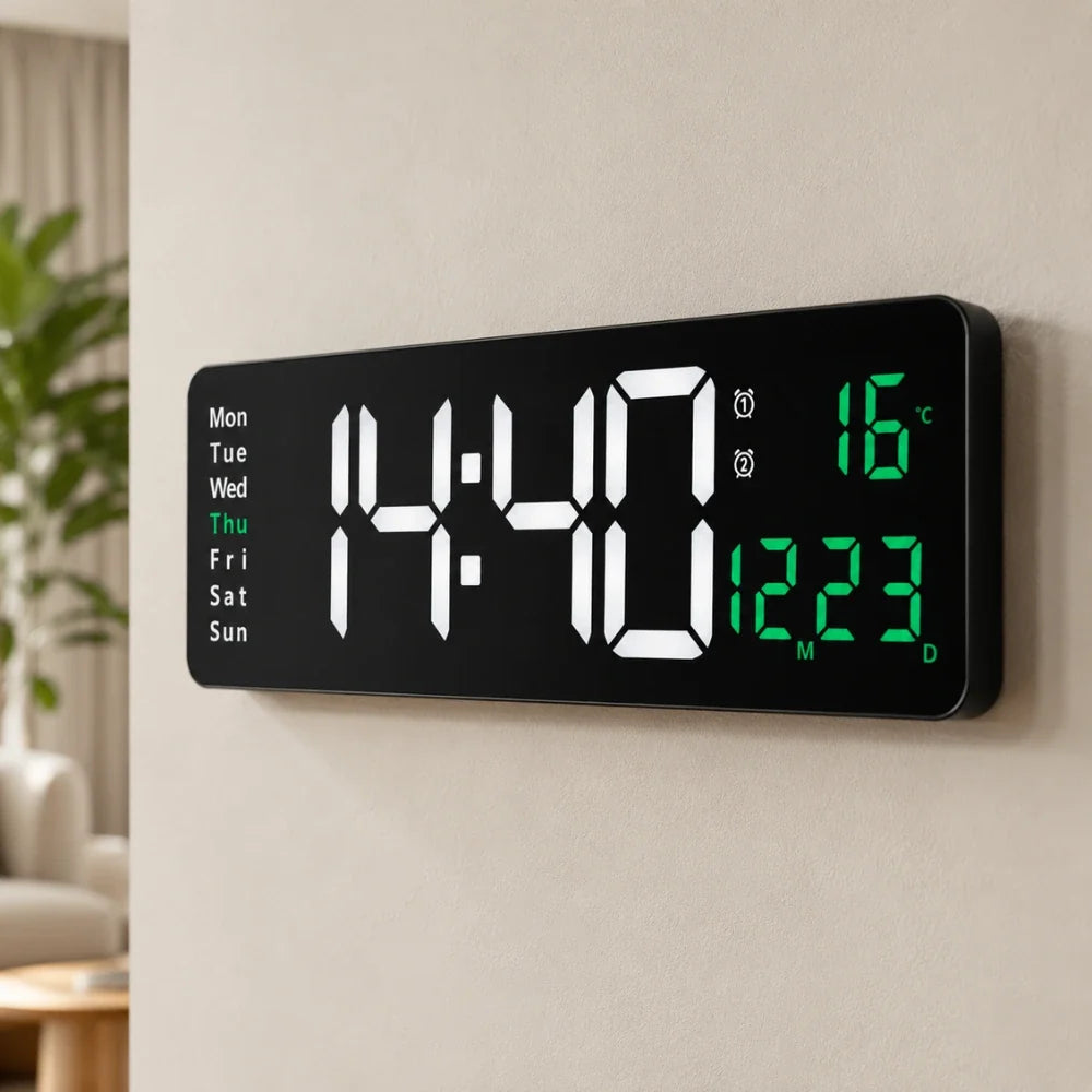 Digital LED wall clock with remote, White & Green, wall-mounted seen at an angle