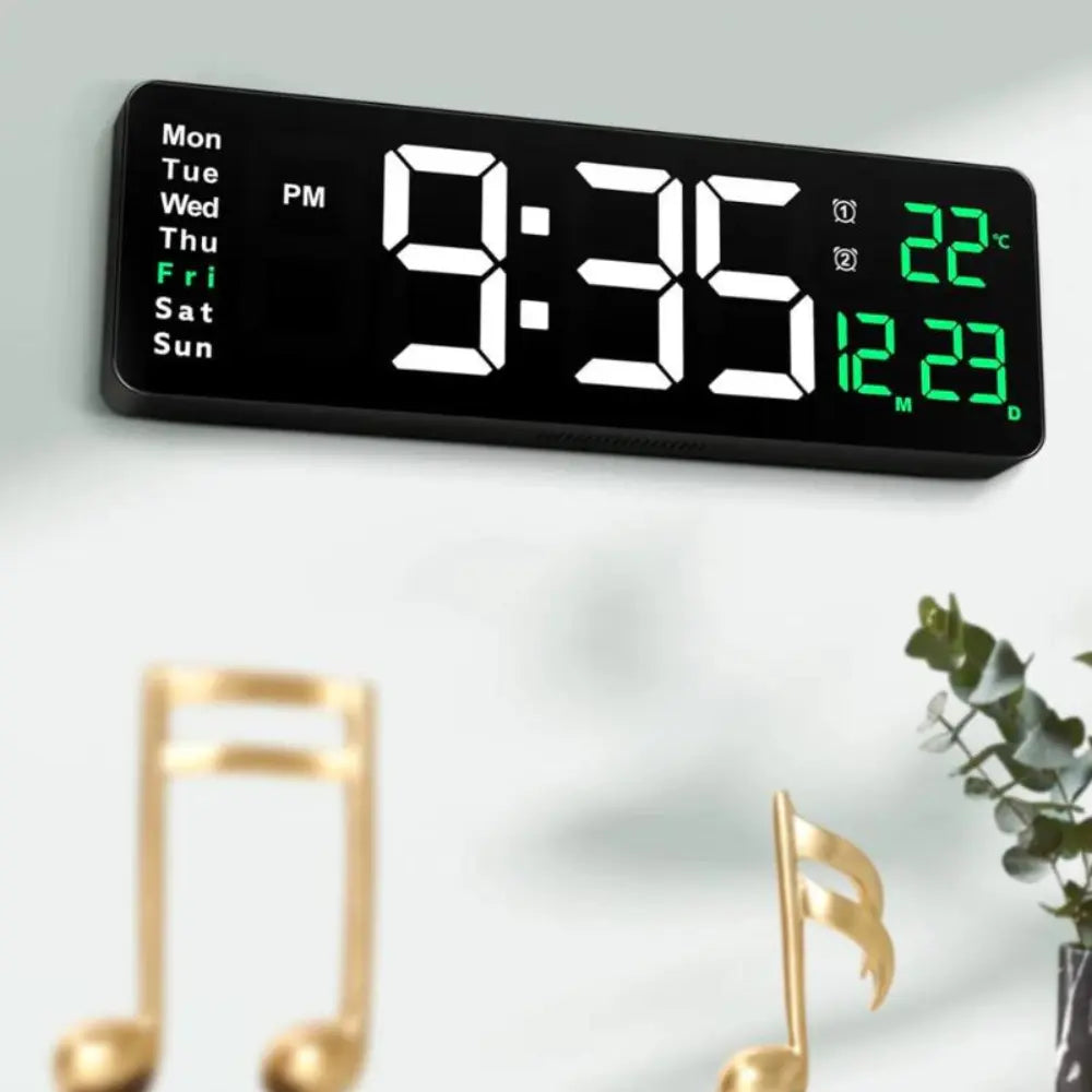 Digital LED wall clock with remote, White & Green, close-up of the LED display showing time, temperature and date