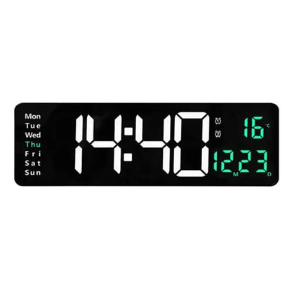 Digital LED wall clock with remote, White & Green, front view of the LED display