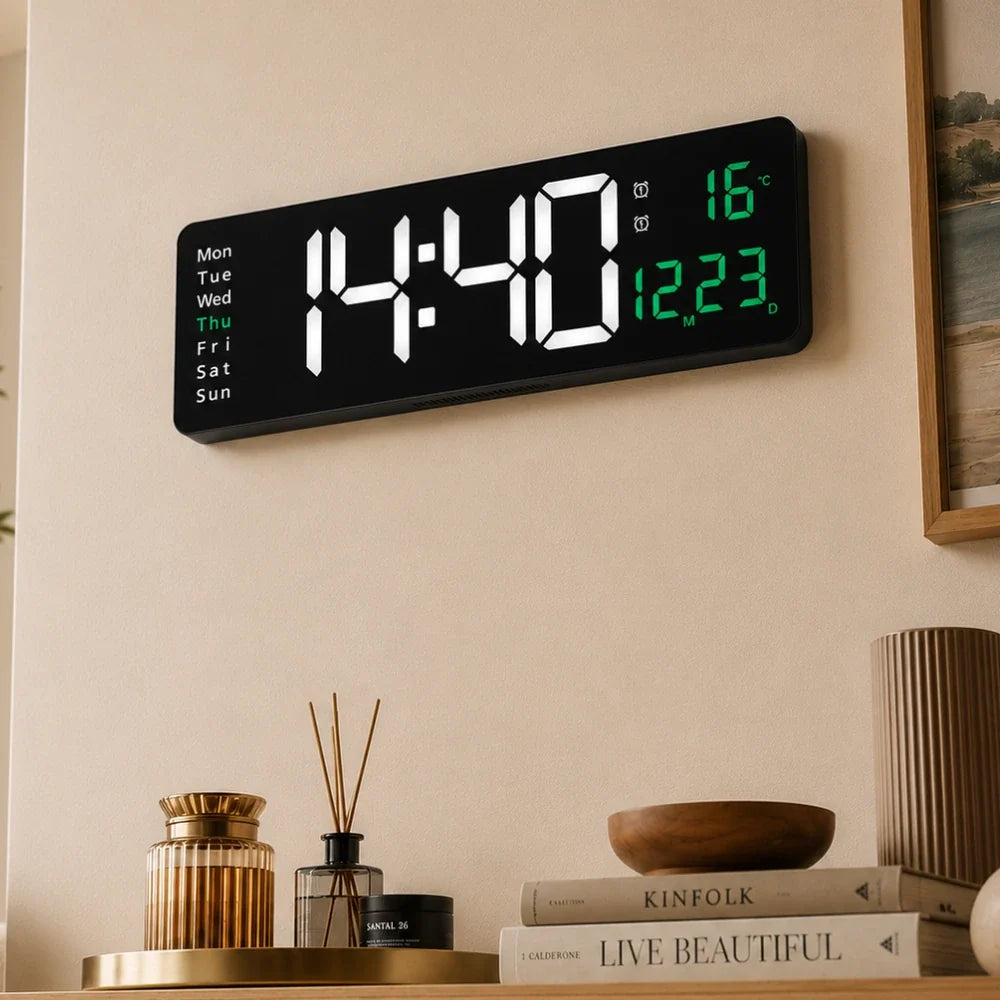 Digital LED wall clock with remote, White & Green, wall-mounted in a living room