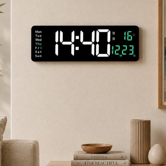 Digital LED wall clock with remote, White & Green, wall-mounted in a living room