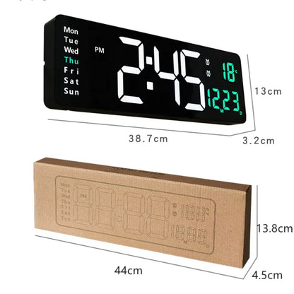 Digital LED wall clock with remote, White & Green, size guide, 38.7 × 3.2 × 13 cm