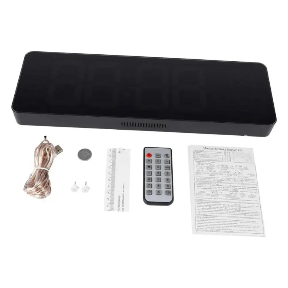 Digital LED wall clock with remote, White & Green, in the box: clock, remote control, cable, manual and fixings