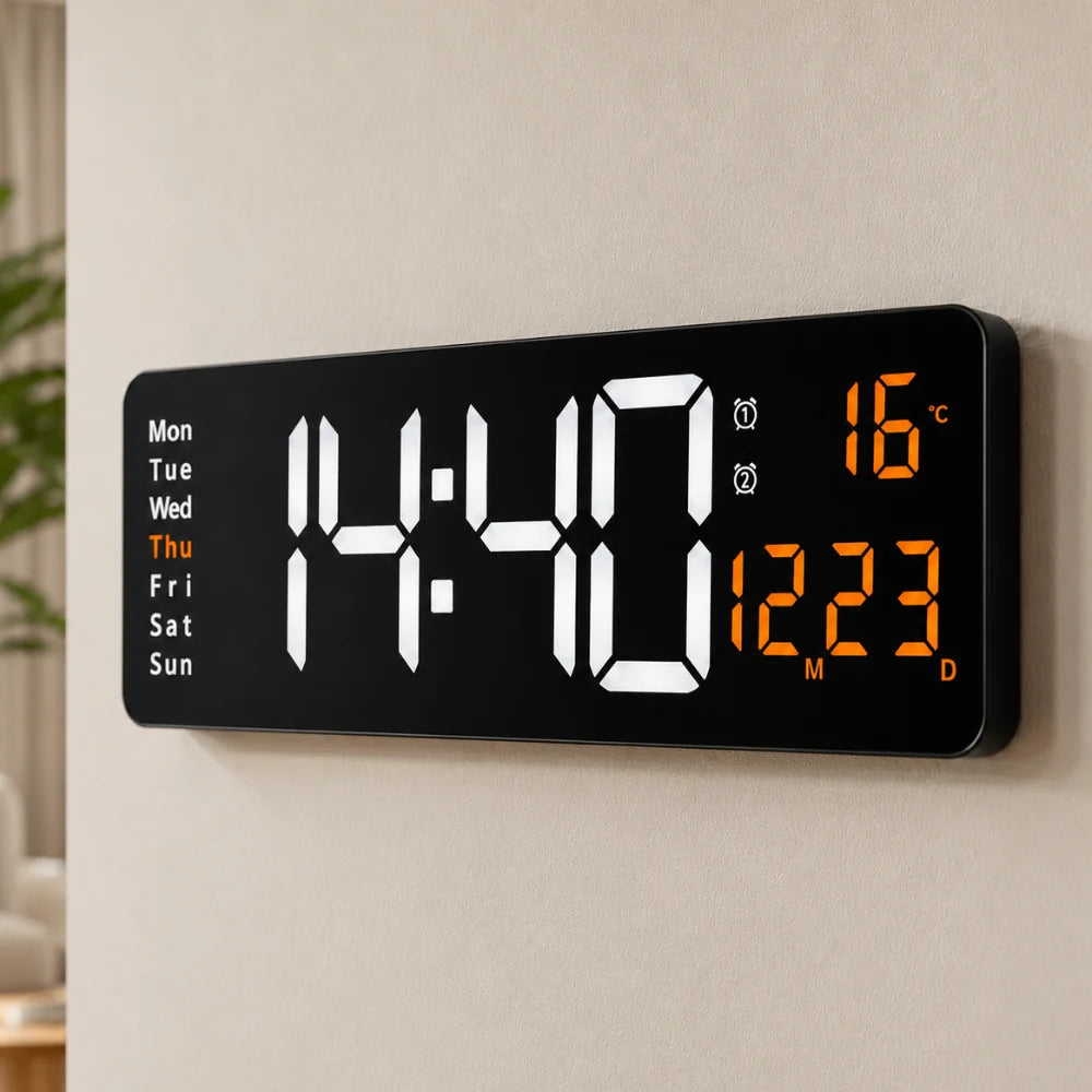 Digital LED wall clock with remote, White & Orange, wall-mounted seen at an angle