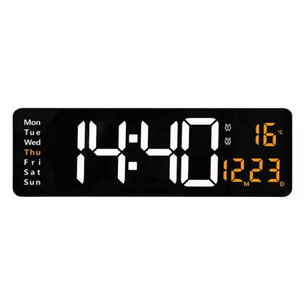 Digital LED wall clock with remote, White & Orange, front view of the LED display