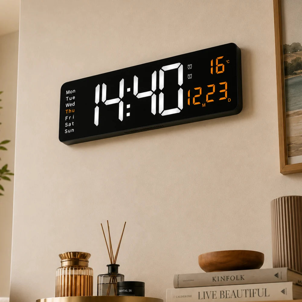 Digital LED wall clock with remote, White & Orange, wall-mounted in a living room