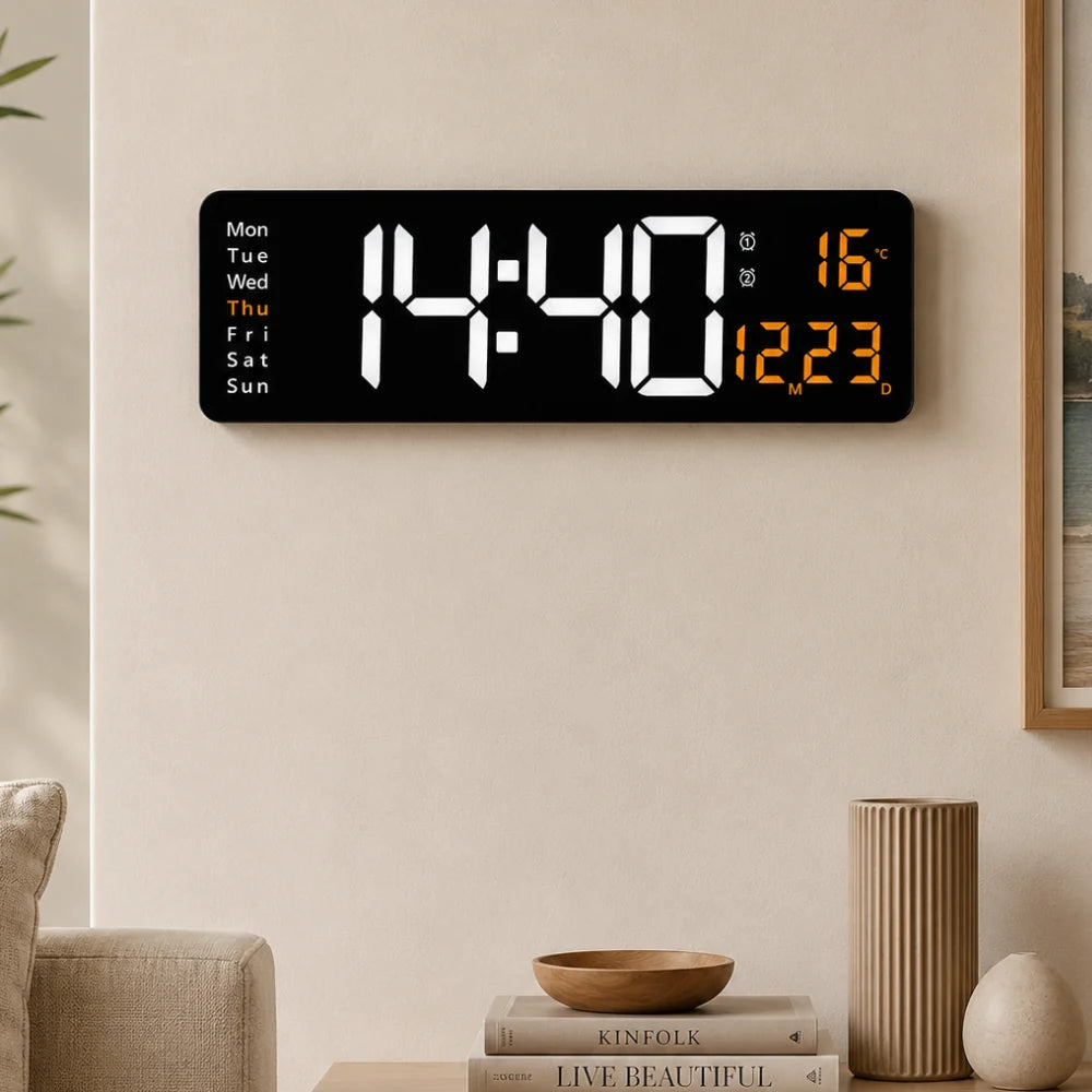 Digital LED wall clock with remote, White & Orange, wall-mounted in a living room