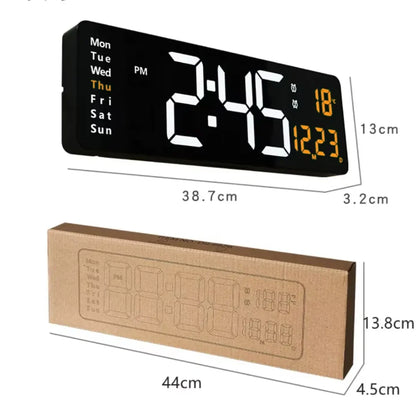 Digital LED wall clock with remote, White & Orange, size guide, 38.7 × 3.2 × 13 cm