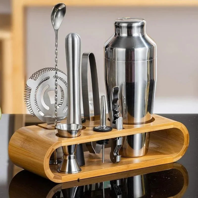 10-Piece Stainless Steel Bartender Set with Bamboo Stand