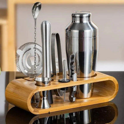 10-Piece Stainless Steel Bartender Set with Bamboo Stand