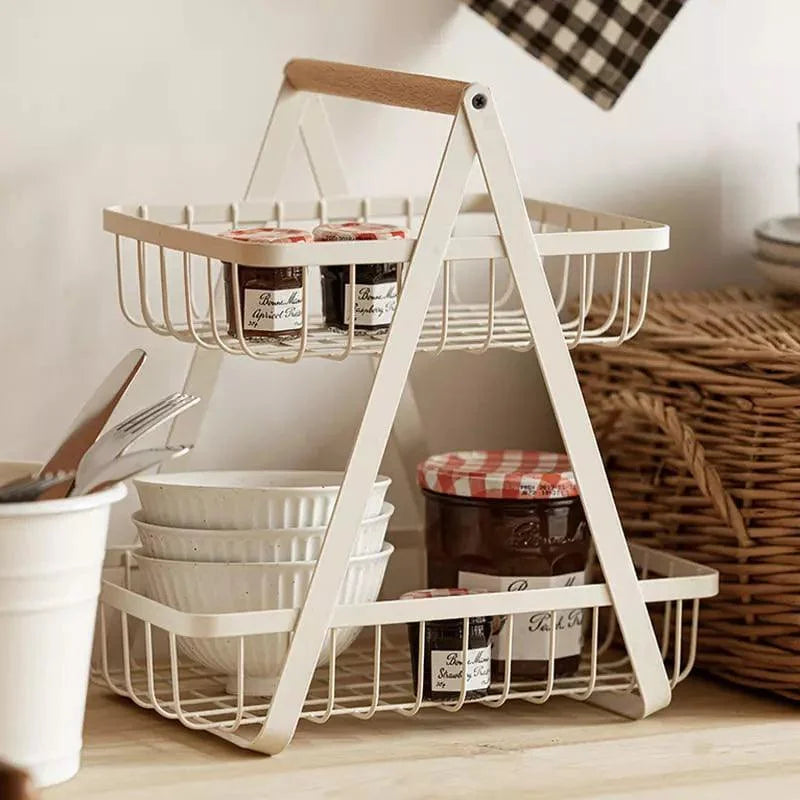 2-tier metal fruit basket with wooden handle
