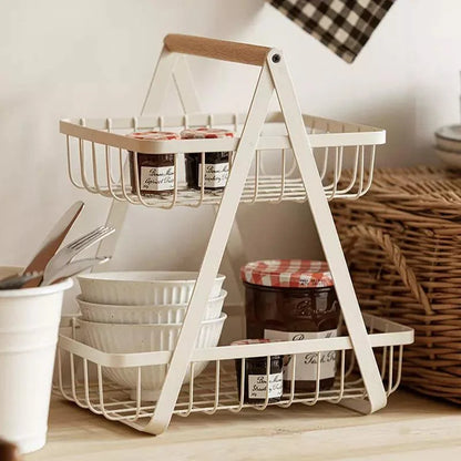 2-tier metal fruit basket with wooden handle