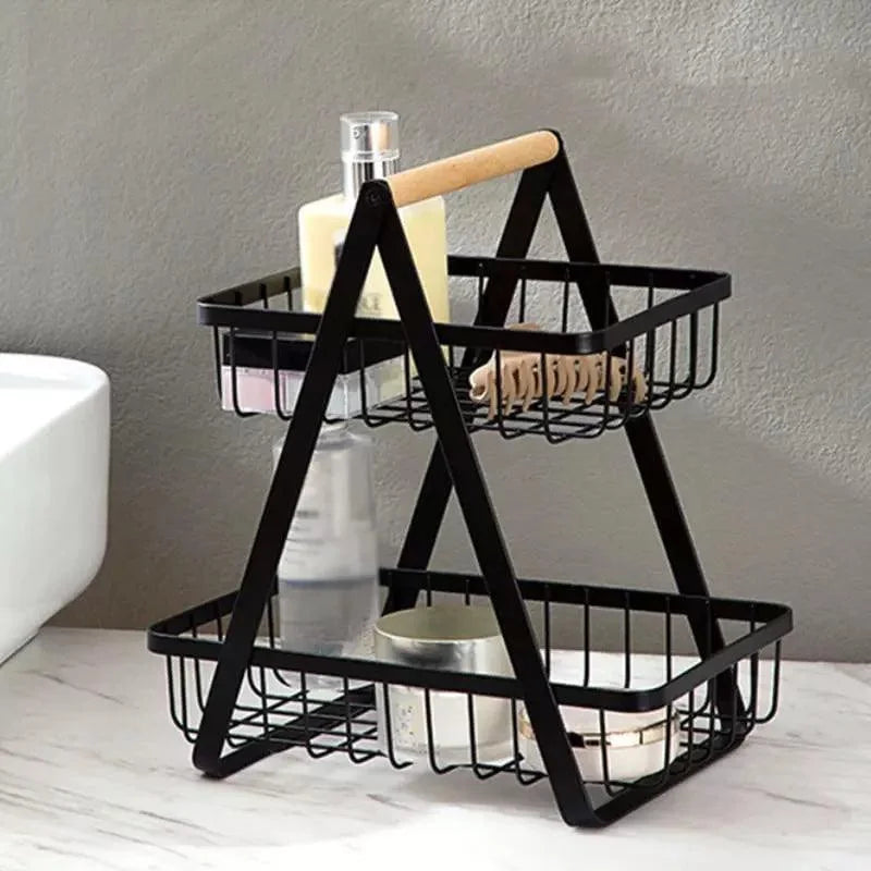 2-tier metal fruit basket with wooden handle – view 2